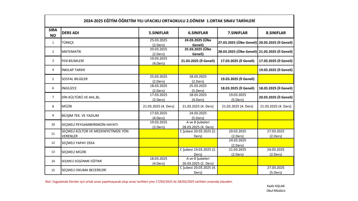 2025 2. Dönem 1. Yazılı Sınav Tarihleri